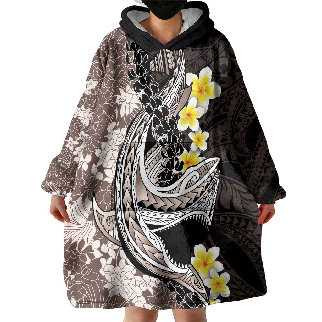 Brown and Black Hawaii Shark Tattoo Wearable Blanket Hoodie Puakenikeni Lei Plumeria Polynesian Pattern - Polynesian Pride