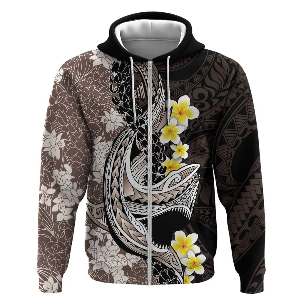 Brown and Black Hawaii Shark Tattoo Zip Hoodie Puakenikeni Lei Plumeria Polynesian Pattern - Polynesian Pride