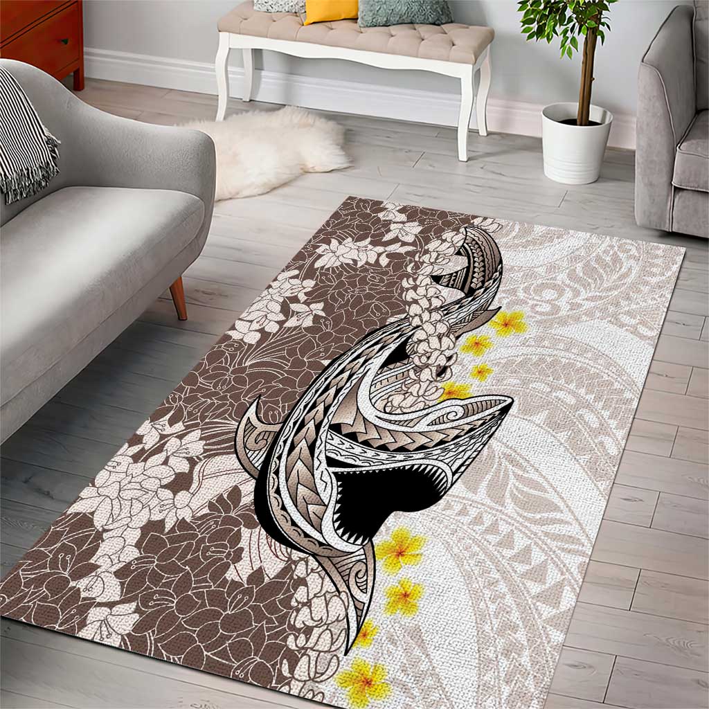 Brown and White Hawaii Shark Tattoo Area Rug Puakenikeni Lei Plumeria Polynesian Pattern - Polynesian Pride