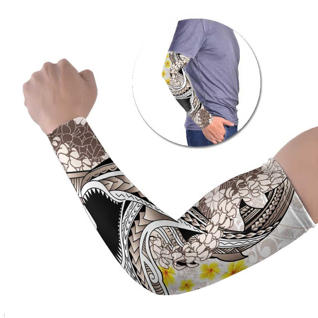 Brown and White Hawaii Shark Tattoo Arm Sleeves Puakenikeni Lei Plumeria Polynesian Pattern - Polynesian Pride