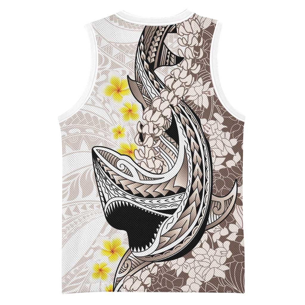 Brown and White Hawaii Shark Tattoo Basketball Jersey Puakenikeni Lei Plumeria Polynesian Pattern - Polynesian Pride