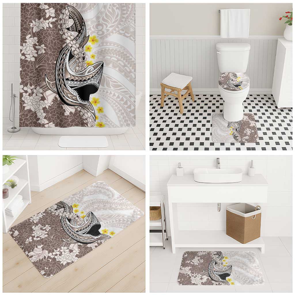 Brown and White Hawaii Shark Tattoo Bathroom Set Puakenikeni Lei Plumeria Polynesian Pattern - Polynesian Pride