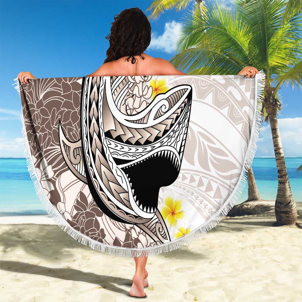Brown and White Hawaii Shark Tattoo Beach Blanket Puakenikeni Lei Plumeria Polynesian Pattern - Polynesian Pride