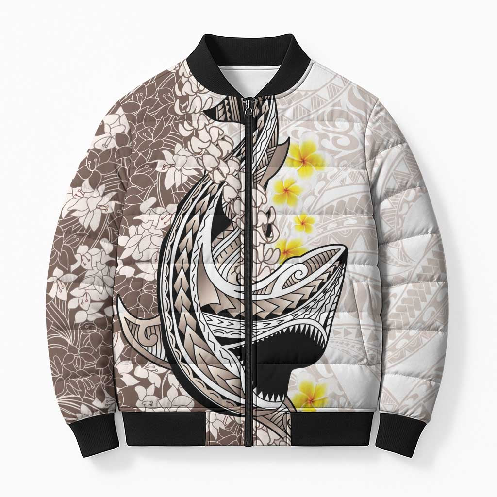 Brown and White Hawaii Shark Tattoo Bomber Puffer Jacket Puakenikeni Lei Plumeria Polynesian Pattern - Polynesian Pride