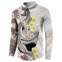 Brown and White Hawaii Shark Tattoo Button Sweatshirt Puakenikeni Lei Plumeria Polynesian Pattern - Polynesian Pride