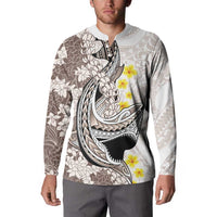 Brown and White Hawaii Shark Tattoo Button Sweatshirt Puakenikeni Lei Plumeria Polynesian Pattern - Polynesian Pride