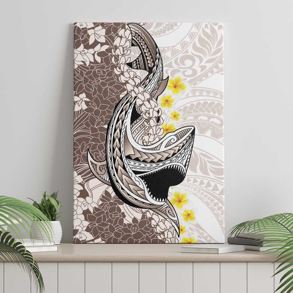 Brown and White Hawaii Shark Tattoo Canvas Wall Art Puakenikeni Lei Plumeria Polynesian Pattern - Polynesian Pride