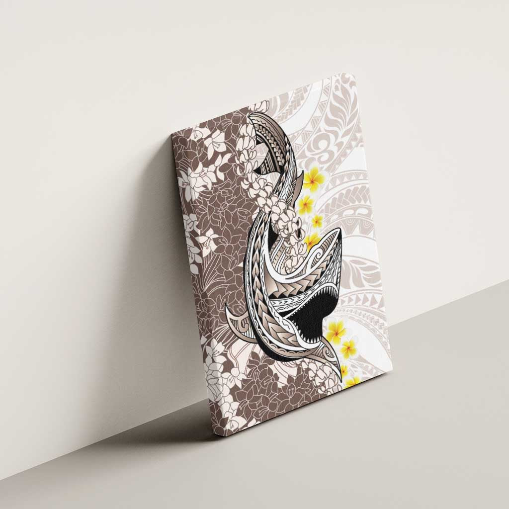 Brown and White Hawaii Shark Tattoo Canvas Wall Art Puakenikeni Lei Plumeria Polynesian Pattern - Polynesian Pride