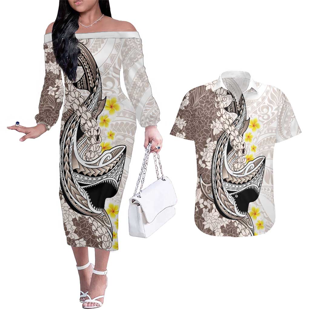 Brown and White Hawaii Shark Tattoo Couples Matching Off The Shoulder Long Sleeve Dress and Hawaiian Shirt Puakenikeni Lei Plumeria Polynesian Pattern - Polynesian Pride