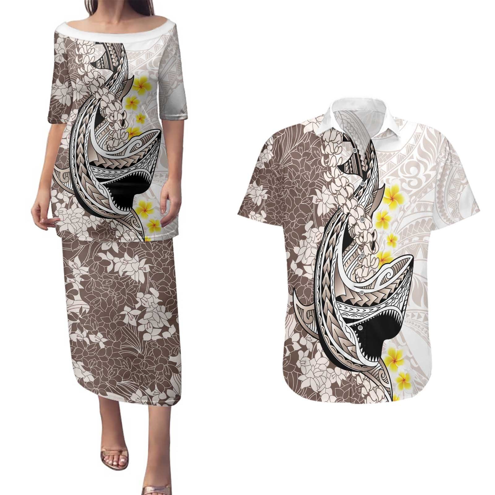 Brown and White Hawaii Shark Tattoo Couples Matching Puletasi and Hawaiian Shirt Puakenikeni Lei Plumeria Polynesian Pattern - Polynesian Pride