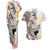 Brown and White Hawaii Shark Tattoo Couples Matching Tank Maxi Dress and Hawaiian Shirt Puakenikeni Lei Plumeria Polynesian Pattern - Polynesian Pride