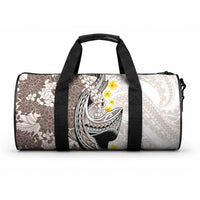 Brown and White Hawaii Shark Tattoo Duffle Bag Puakenikeni Lei Plumeria Polynesian Pattern