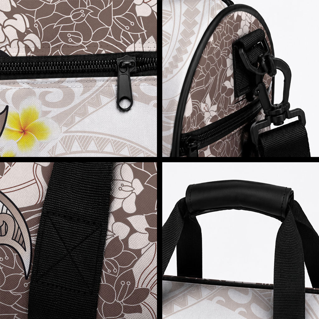 Brown and White Hawaii Shark Tattoo Duffle Bag Puakenikeni Lei Plumeria Polynesian Pattern