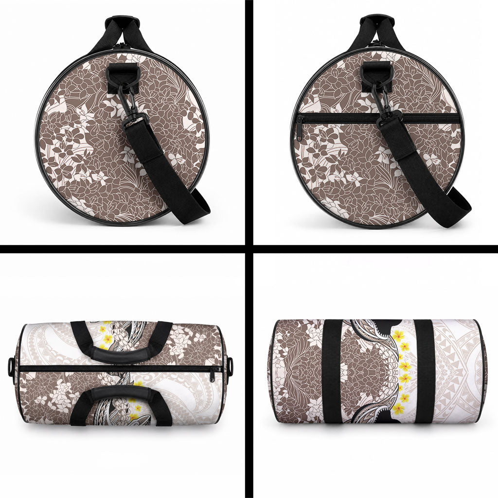 Brown and White Hawaii Shark Tattoo Duffle Bag Puakenikeni Lei Plumeria Polynesian Pattern