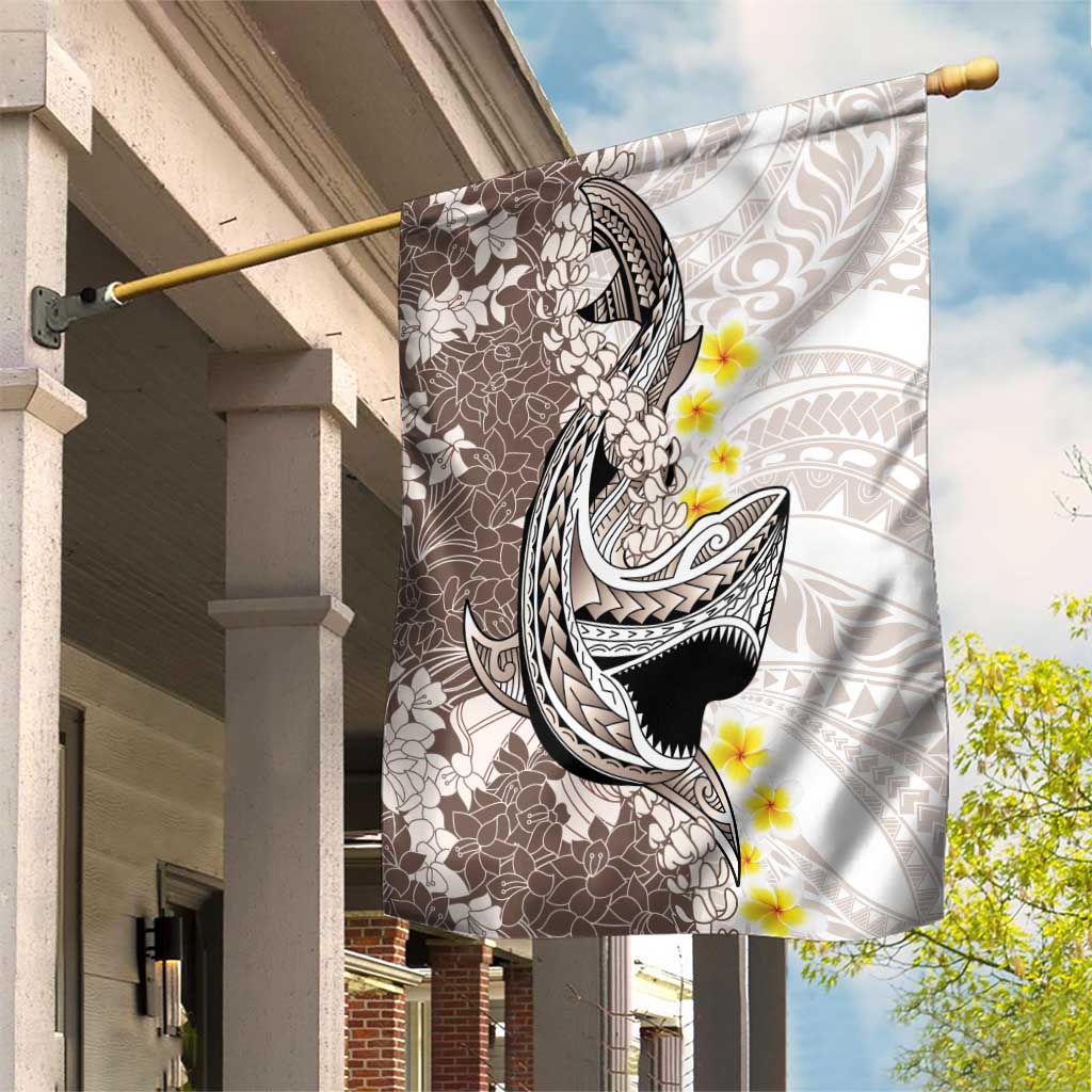 Brown and White Hawaii Shark Tattoo Garden Flag Puakenikeni Lei Plumeria Polynesian Pattern - Polynesian Pride