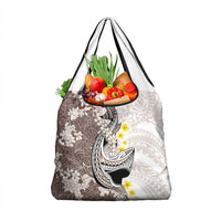 Brown and White Hawaii Shark Tattoo Grocery Bag Puakenikeni Lei Plumeria Polynesian Pattern - Polynesian Pride