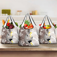 Brown and White Hawaii Shark Tattoo Grocery Bag Puakenikeni Lei Plumeria Polynesian Pattern - Polynesian Pride