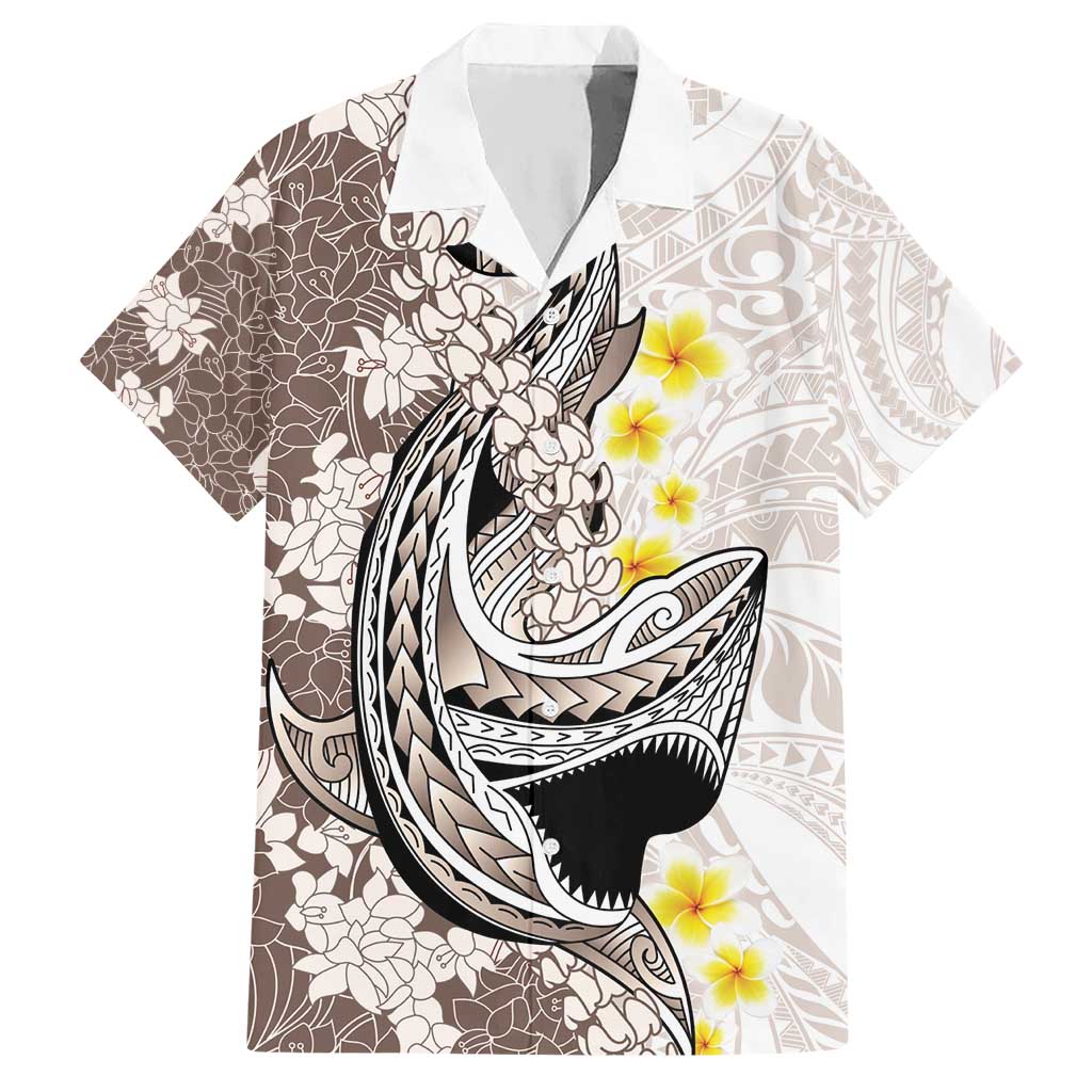 Brown and White Hawaii Shark Tattoo Hawaiian Shirt Puakenikeni Lei Plumeria Polynesian Pattern - Polynesian Pride