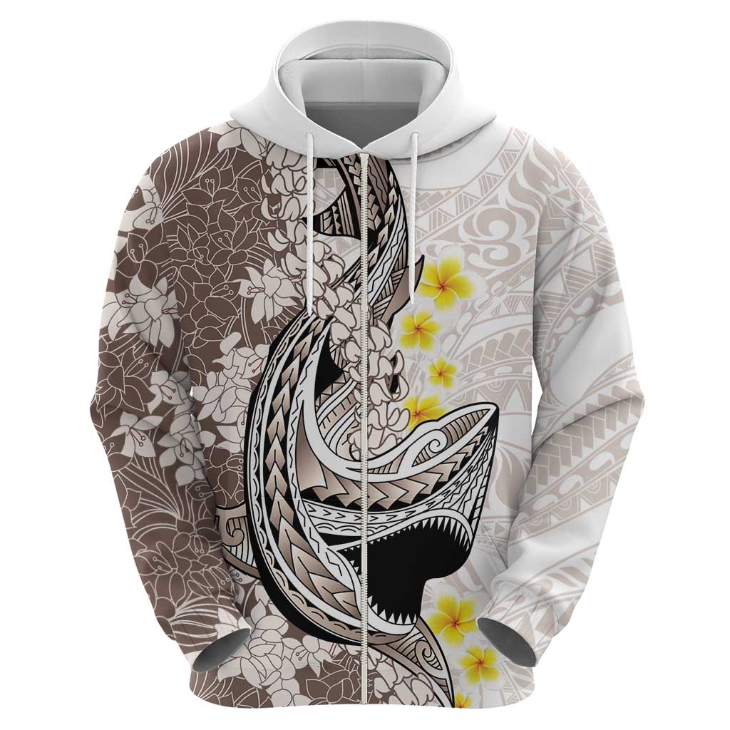 Brown and White Hawaii Shark Tattoo Hoodie Puakenikeni Lei Plumeria Polynesian Pattern - Polynesian Pride