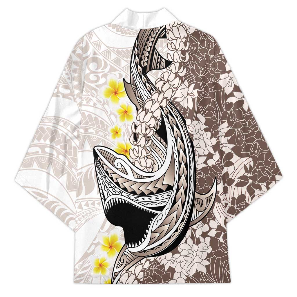 Brown and White Hawaii Shark Tattoo Kimono Puakenikeni Lei Plumeria Polynesian Pattern LT14 - Polynesian Pride