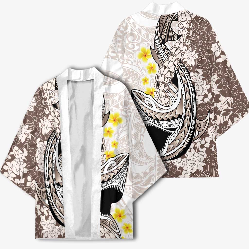 Brown and White Hawaii Shark Tattoo Kimono Puakenikeni Lei Plumeria Polynesian Pattern LT14 - Polynesian Pride
