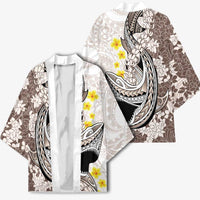 Brown and White Hawaii Shark Tattoo Kimono Puakenikeni Lei Plumeria Polynesian Pattern LT14 - Polynesian Pride