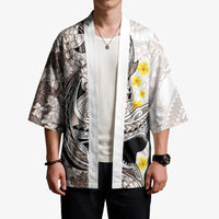Brown and White Hawaii Shark Tattoo Kimono Puakenikeni Lei Plumeria Polynesian Pattern LT14 - Polynesian Pride