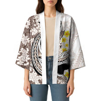 Brown and White Hawaii Shark Tattoo Kimono Puakenikeni Lei Plumeria Polynesian Pattern LT14 - Polynesian Pride