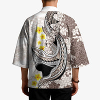 Brown and White Hawaii Shark Tattoo Kimono Puakenikeni Lei Plumeria Polynesian Pattern LT14 - Polynesian Pride