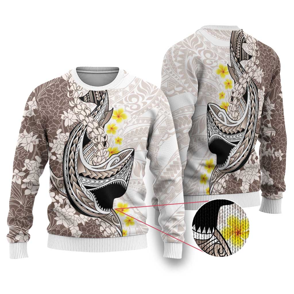 Brown and White Hawaii Shark Tattoo Ugly Christmas Sweater Puakenikeni Lei Plumeria Polynesian Pattern - Polynesian Pride