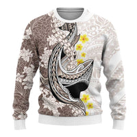 Brown and White Hawaii Shark Tattoo Ugly Christmas Sweater Puakenikeni Lei Plumeria Polynesian Pattern - Polynesian Pride