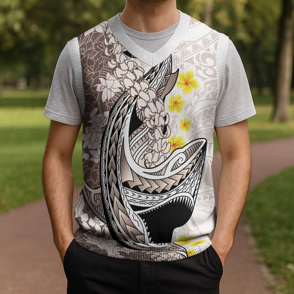 Brown and White Hawaii Shark Tattoo Christmas Knitted V-Neck Vest Puakenikeni Lei Plumeria Polynesian Pattern - Polynesian Pride