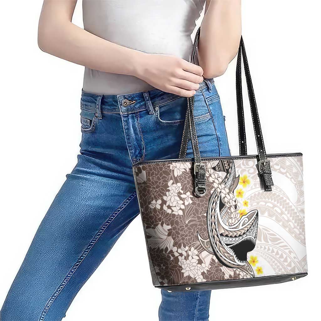 Brown and White Hawaii Shark Tattoo Leather Tote Bag Puakenikeni Lei Plumeria Polynesian Pattern - Polynesian Pride