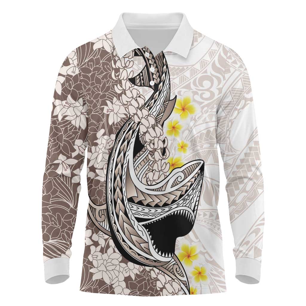 Brown and White Hawaii Shark Tattoo Long Sleeve Polo Shirt Puakenikeni Lei Plumeria Polynesian Pattern - Polynesian Pride