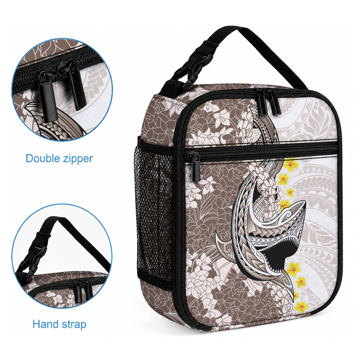 Brown and White Hawaii Shark Tattoo Lunch Bag Puakenikeni Lei Plumeria Polynesian Pattern