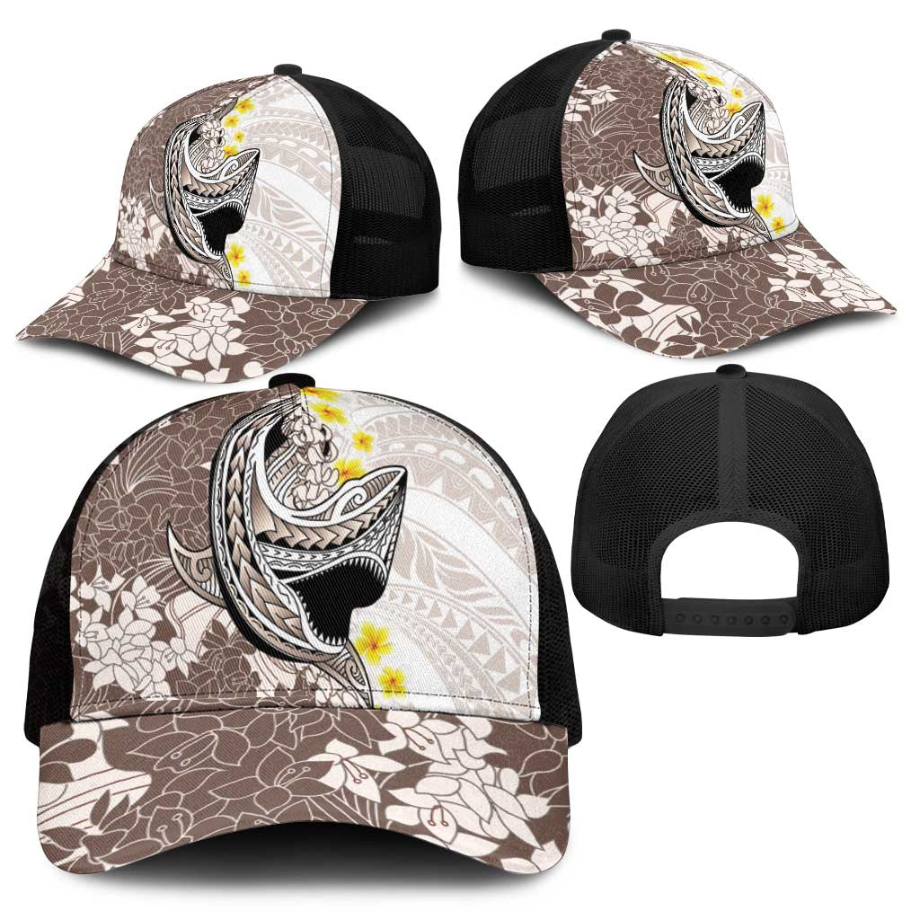 Brown and White Hawaii Shark Tattoo Mesh Trucker Cap Puakenikeni Lei Plumeria Polynesian Pattern - Polynesian Pride