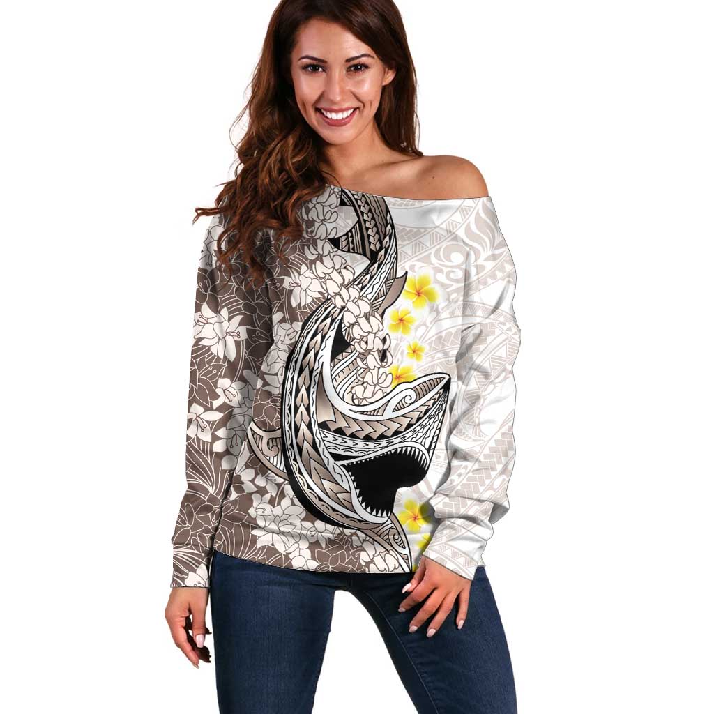 Brown and White Hawaii Shark Tattoo Off Shoulder Sweater Puakenikeni Lei Plumeria Polynesian Pattern - Polynesian Pride