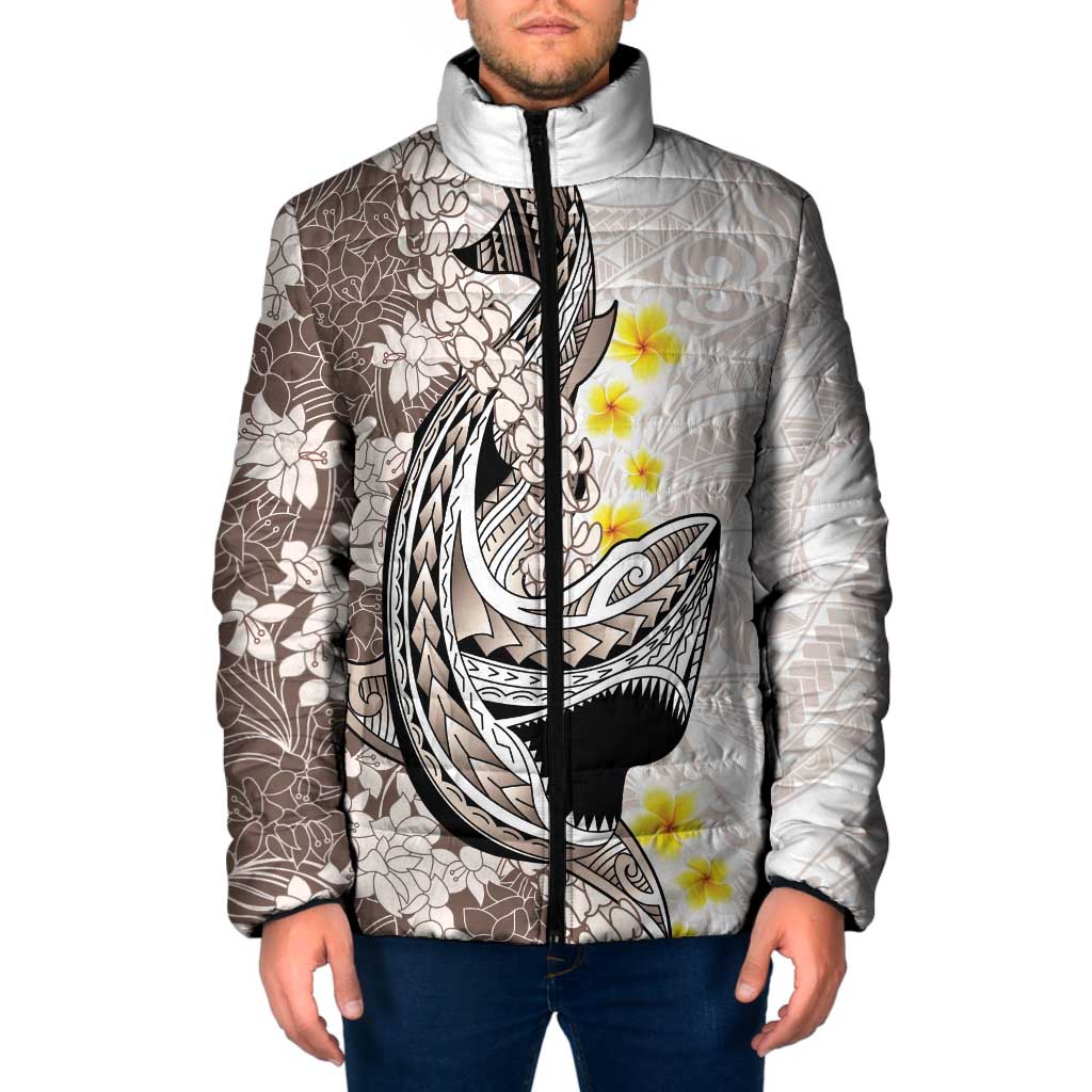 Brown and White Hawaii Shark Tattoo Padded Jacket Puakenikeni Lei Plumeria Polynesian Pattern - Polynesian Pride