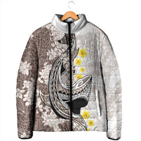 Brown and White Hawaii Shark Tattoo Padded Jacket Puakenikeni Lei Plumeria Polynesian Pattern - Polynesian Pride