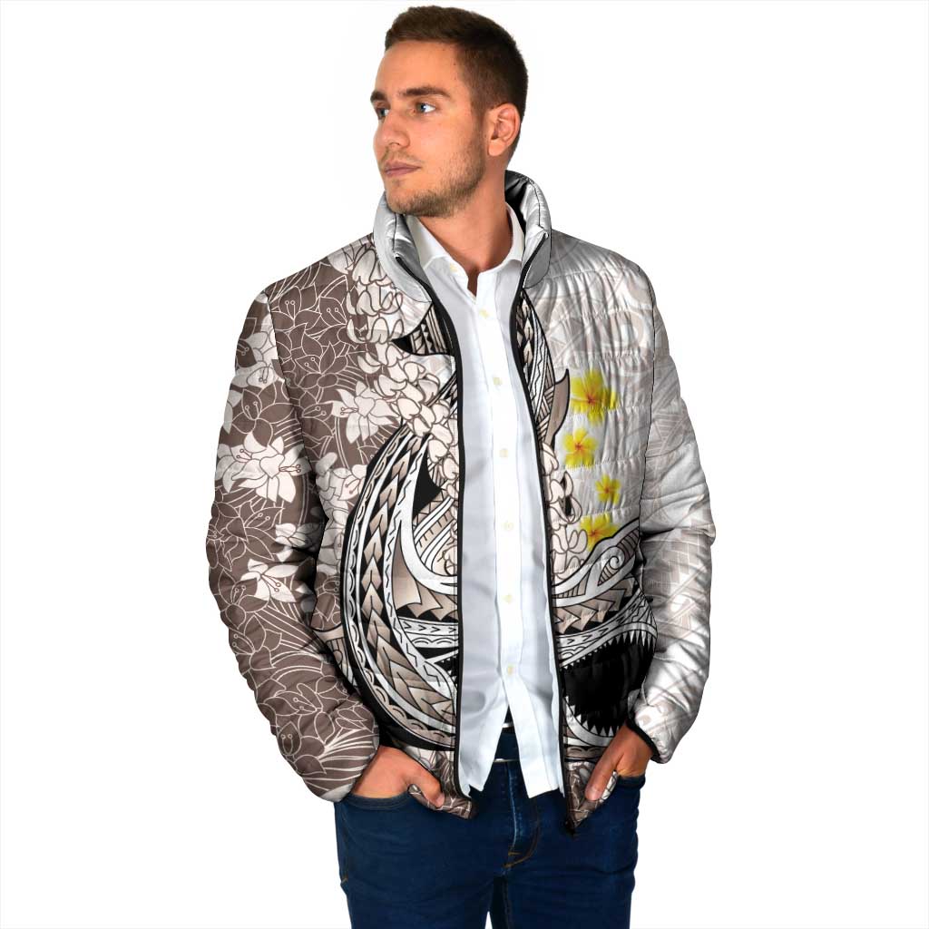 Brown and White Hawaii Shark Tattoo Padded Jacket Puakenikeni Lei Plumeria Polynesian Pattern - Polynesian Pride