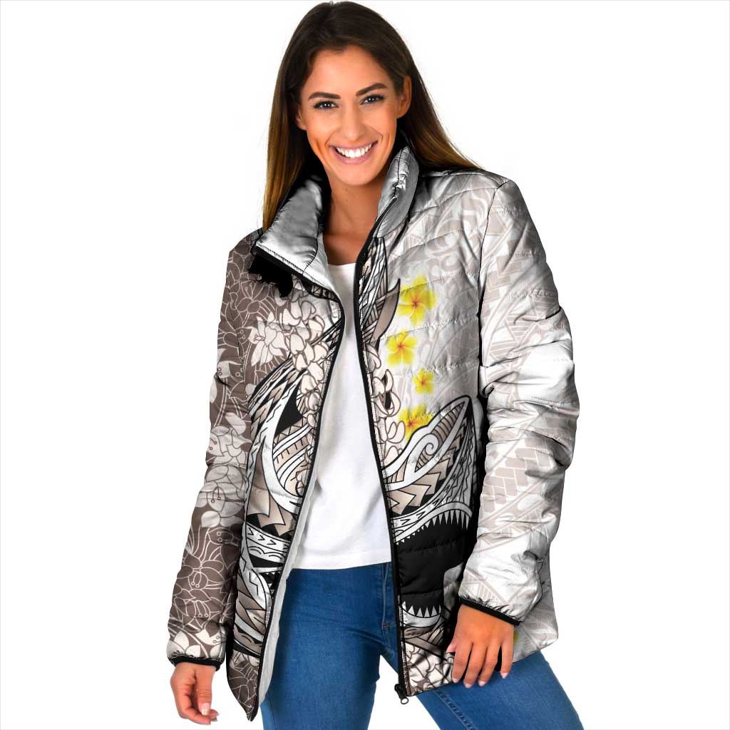 Brown and White Hawaii Shark Tattoo Padded Jacket Puakenikeni Lei Plumeria Polynesian Pattern - Polynesian Pride