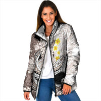 Brown and White Hawaii Shark Tattoo Padded Jacket Puakenikeni Lei Plumeria Polynesian Pattern - Polynesian Pride