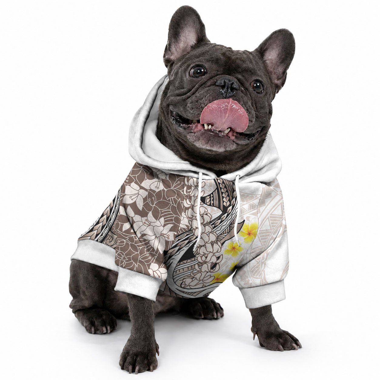 Brown and White Hawaii Shark Tattoo Pet Hoodie Puakenikeni Lei Plumeria Polynesian Pattern