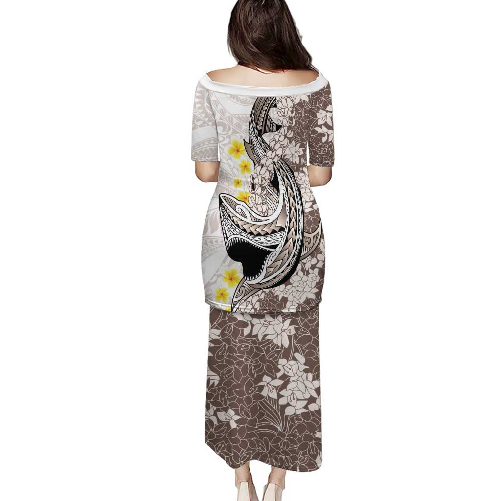 Brown and White Hawaii Shark Tattoo Puletasi Puakenikeni Lei Plumeria Polynesian Pattern - Polynesian Pride