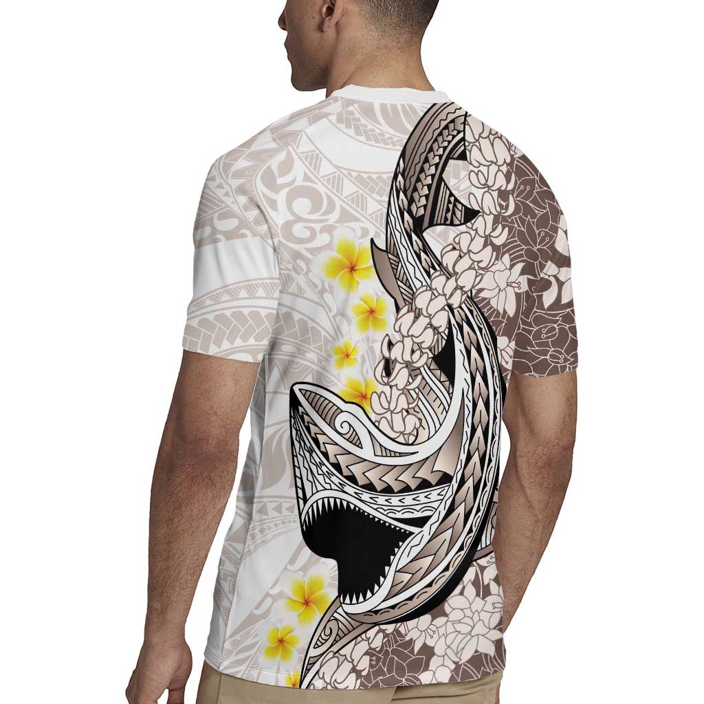 Brown and White Hawaii Shark Tattoo Rugby Jersey Puakenikeni Lei Plumeria Polynesian Pattern - Polynesian Pride