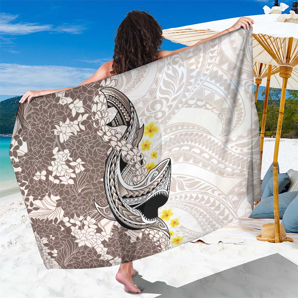 Brown and White Hawaii Shark Tattoo Sarong Puakenikeni Lei Plumeria Polynesian Pattern - Polynesian Pride