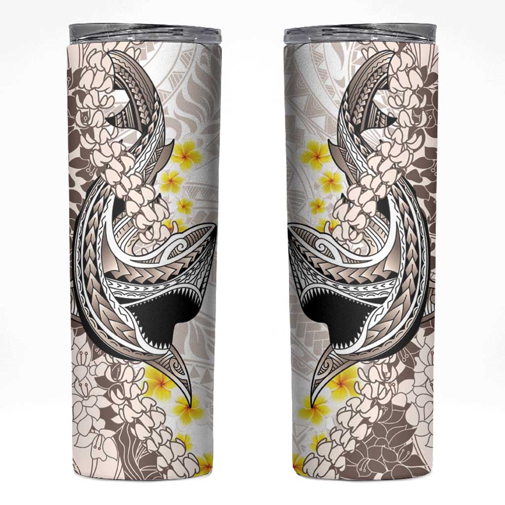 Brown and White Hawaii Shark Tattoo Skinny Tumbler Puakenikeni Lei Plumeria Polynesian Pattern - Polynesian Pride