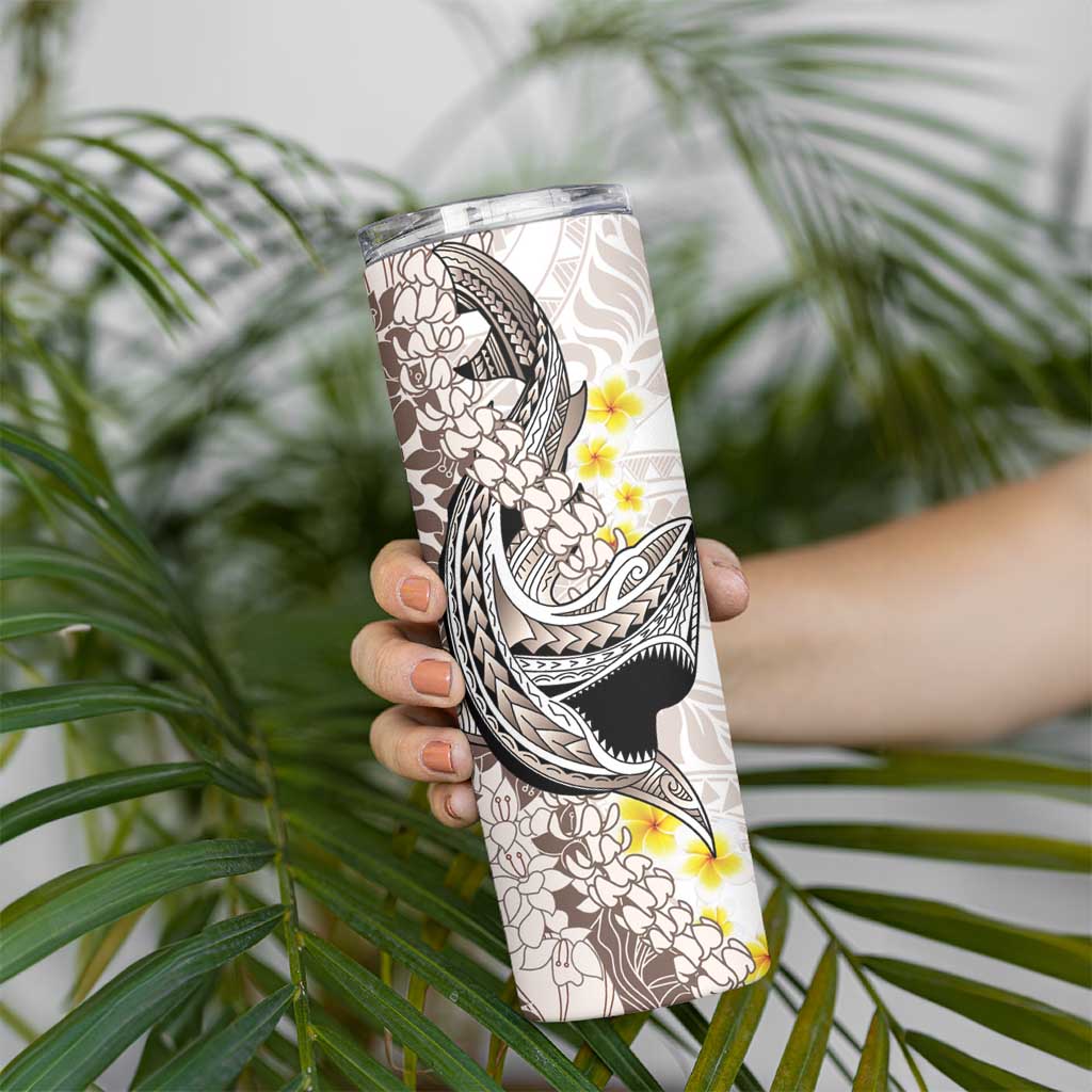 Brown and White Hawaii Shark Tattoo Skinny Tumbler Puakenikeni Lei Plumeria Polynesian Pattern - Polynesian Pride