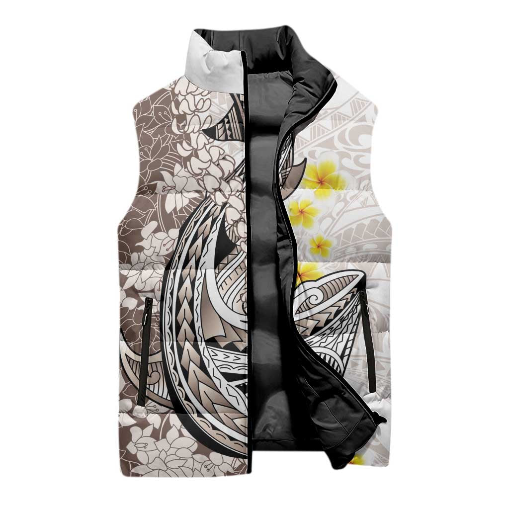 Brown and White Hawaii Shark Tattoo Sleeveless Puffer Jacket Puakenikeni Lei Plumeria Polynesian Pattern - Polynesian Pride