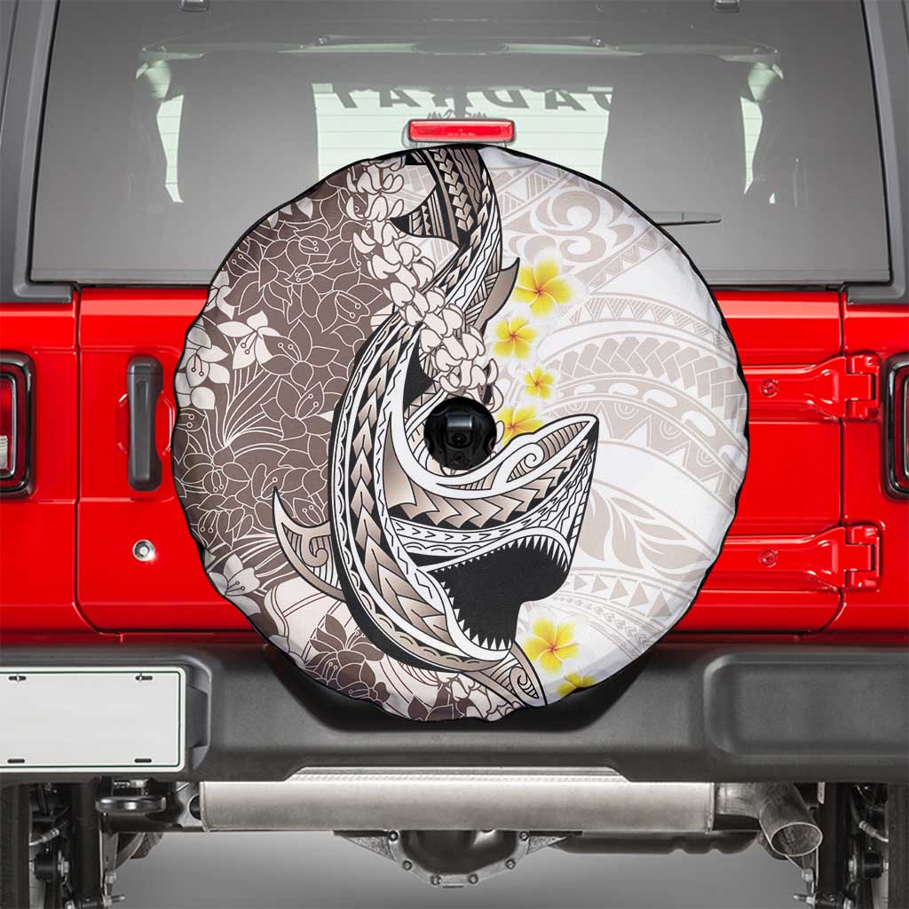 Brown and White Hawaii Shark Tattoo Spare Tire Cover Puakenikeni Lei Plumeria Polynesian Pattern - Polynesian Pride